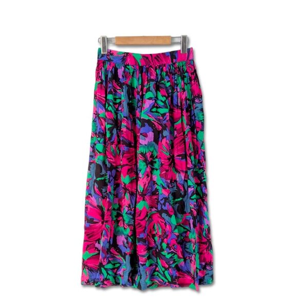 Vintage Floral Midi Cotton Skirt Pleated Cottagecore Summer Bright Pink Blue - Picture 3 of 8
